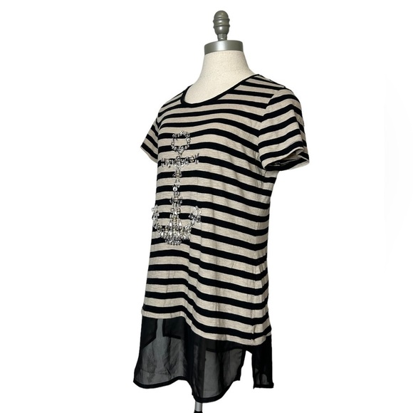 2/$30 Style&Co Black and Tan Stripe Anchor Novelty Crystal Casual Glam T-Shirt S - Picture 2 of 8